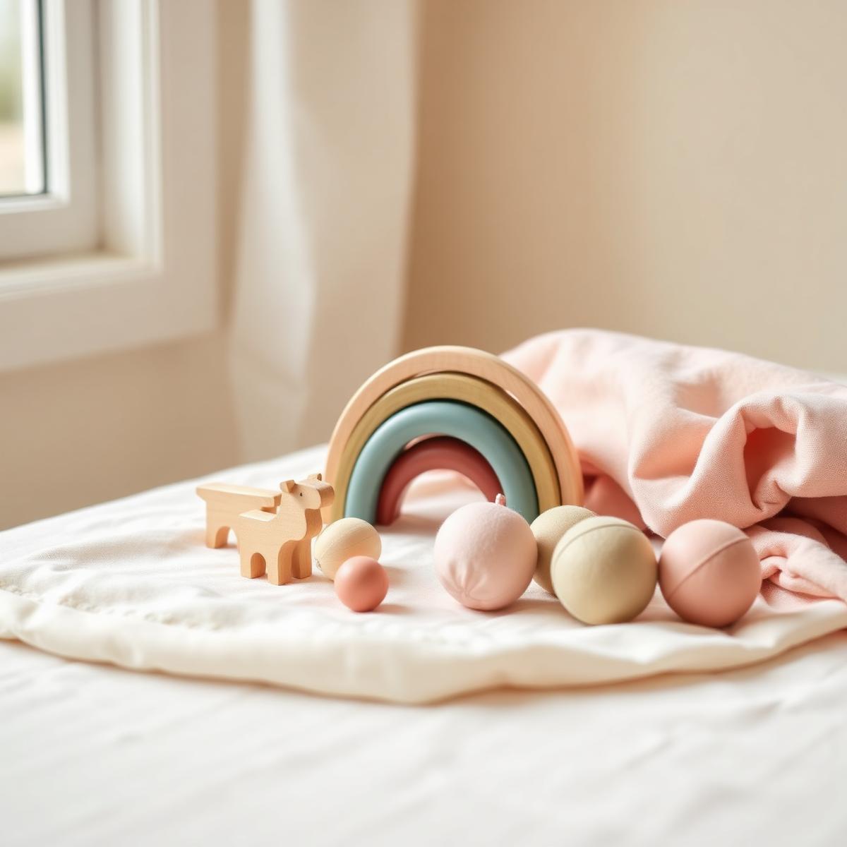 Natural wooden toys and crafts arranged on a soft linen cloth