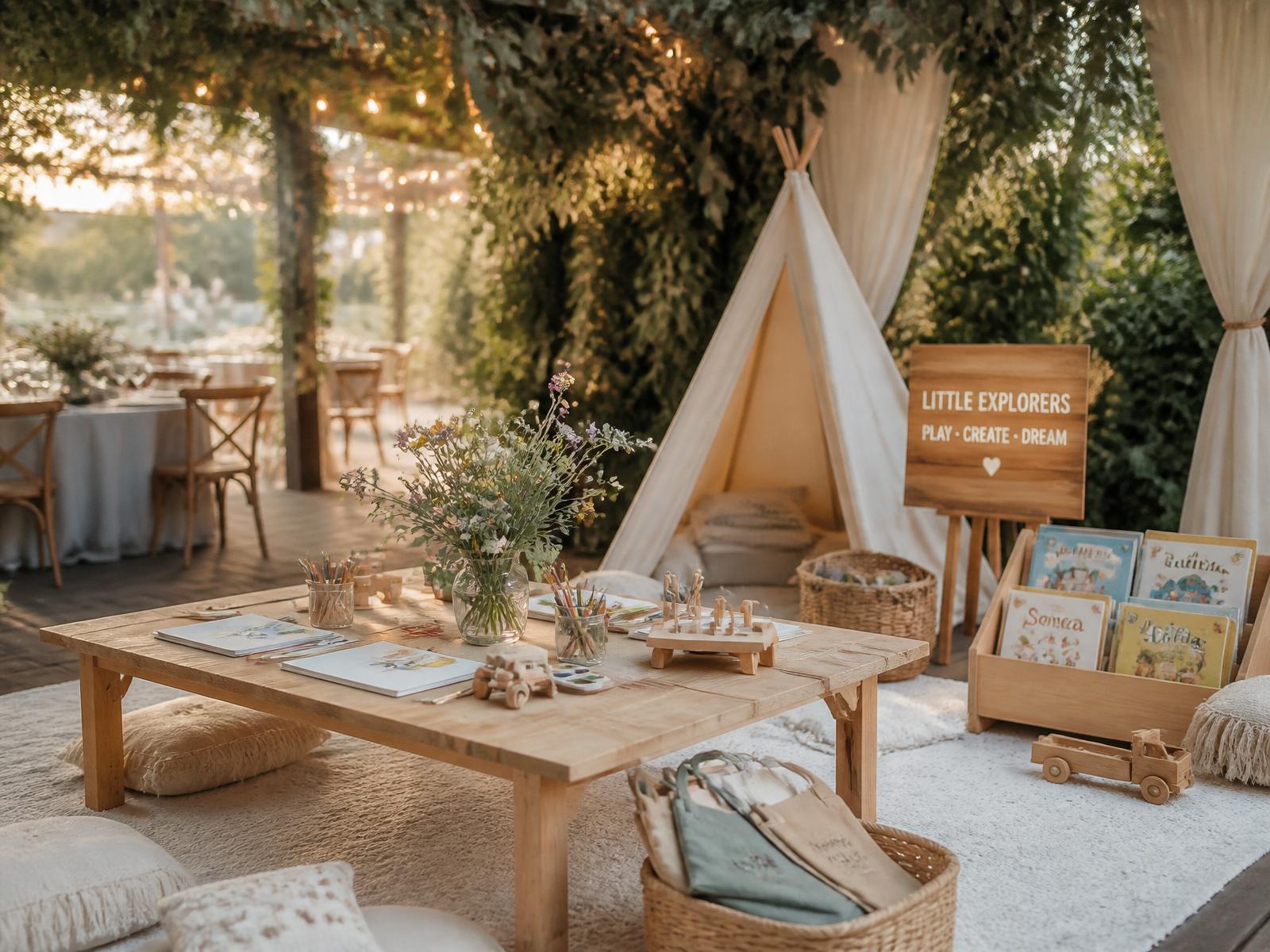 Elegant wedding venue childcare corner with wooden toys, wildflowers, and a soft craft table