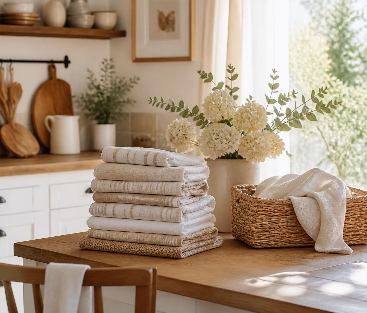 Neatly folded linen laundry on a sunlit kitchen counter with fresh hydrangeas