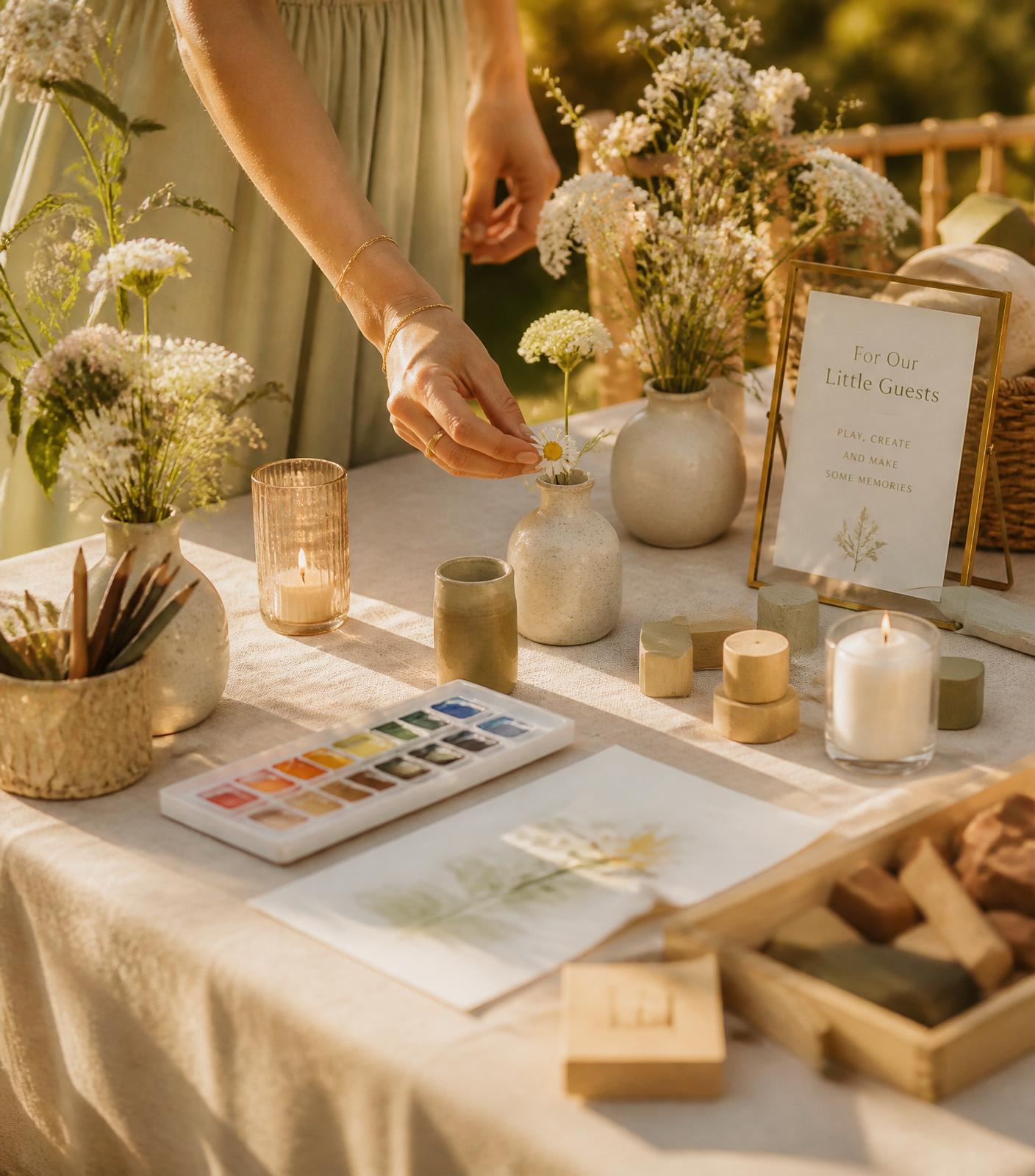 A caregiver arranging wildflowers on a linen craft table at an outdoor event